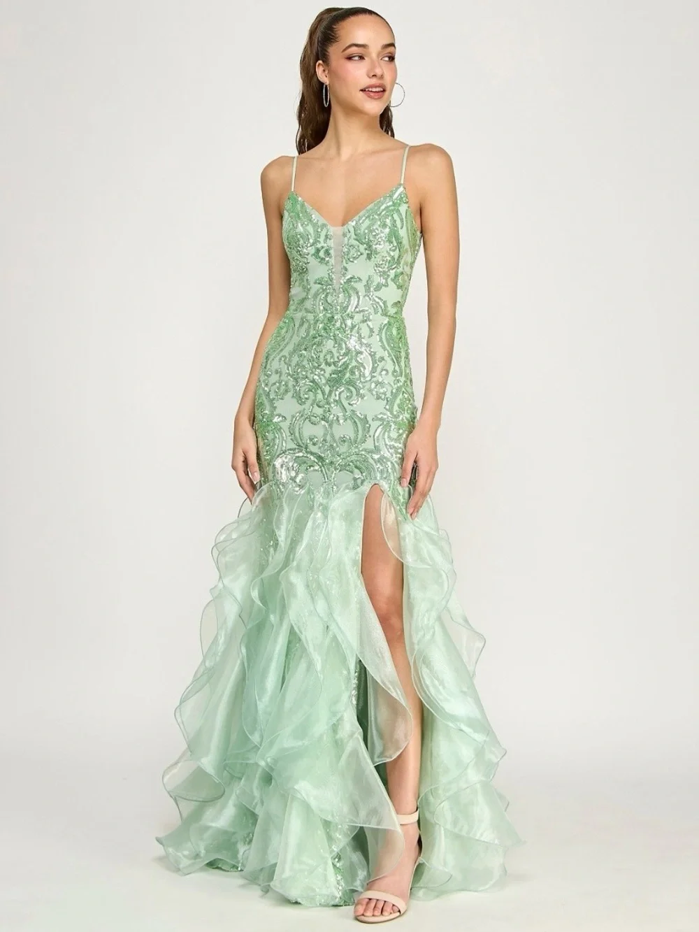 B Darlin Mint Sequin Ruffle Mermaid Gown